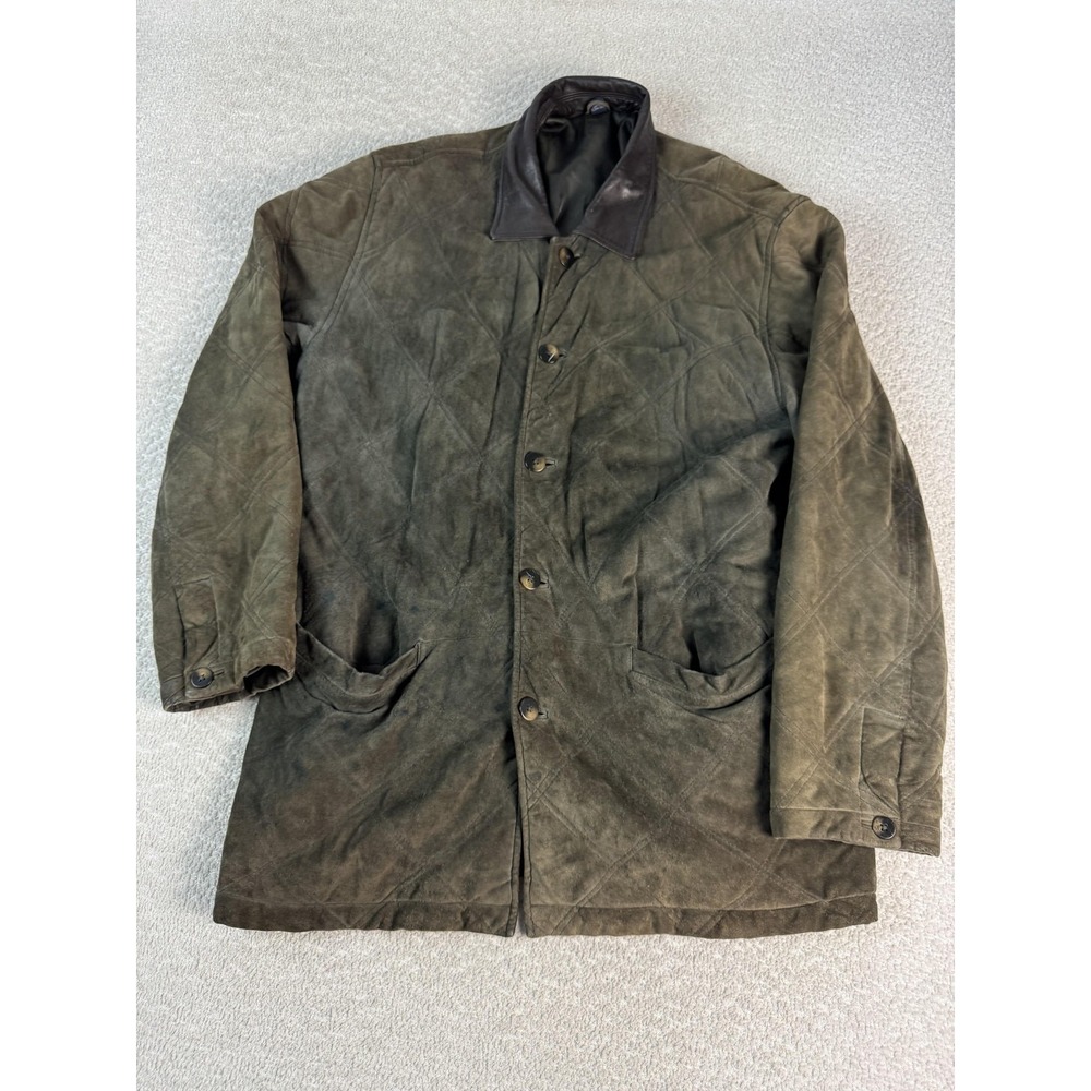 Grant Thomas Jacket Mens Medium Green Suede Leather Collar Quilted Vintage Style